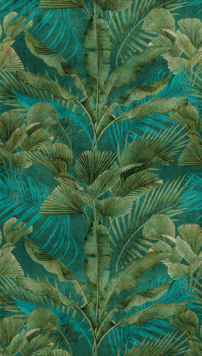 Vliesová napájateľná štrukturovaná tapeta, Zelené palmové listy v modrom